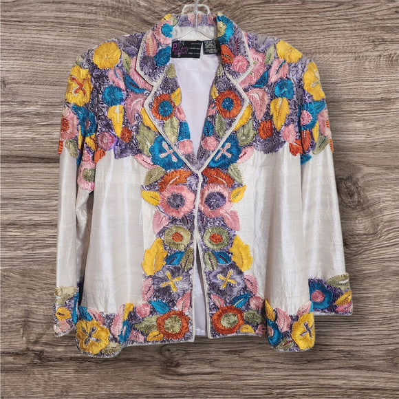 Precious Moments vintage 100% silk ribbon and beaded blazer woman's size M / L